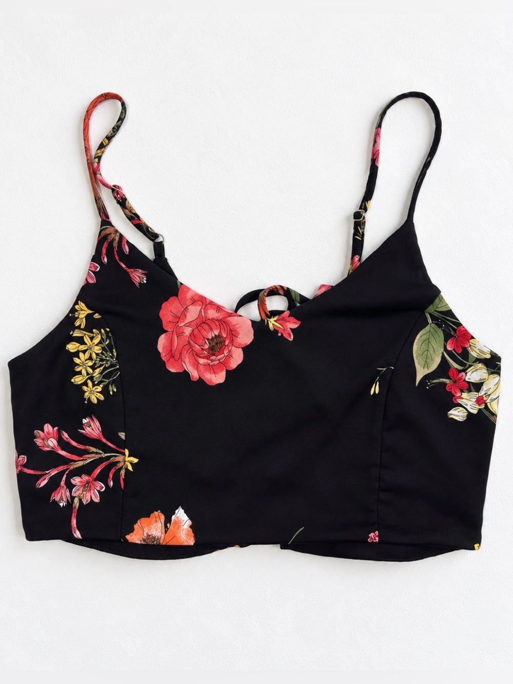 Lulus Floral Lace-Up Back Cami Top Y2K Boho Festival Black Multicolor XL